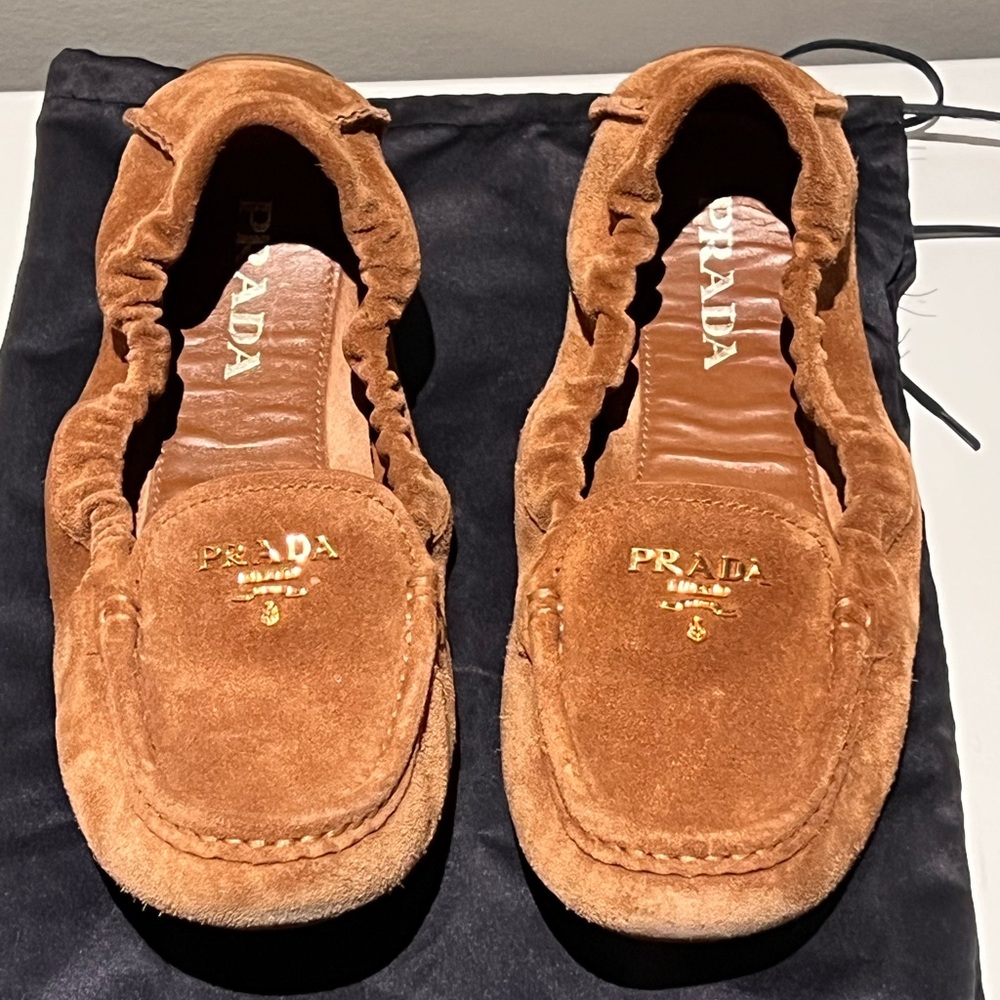 Prada Tan Suede Loafers with Gold Accents